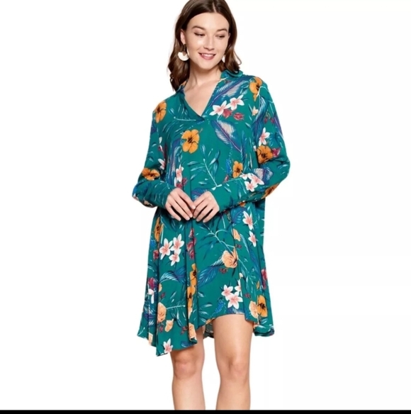 ODDI Teal Long Sleeve Floral Print Collared V-Neck Mini Dress Size M ODDY - Picture 4 of 14